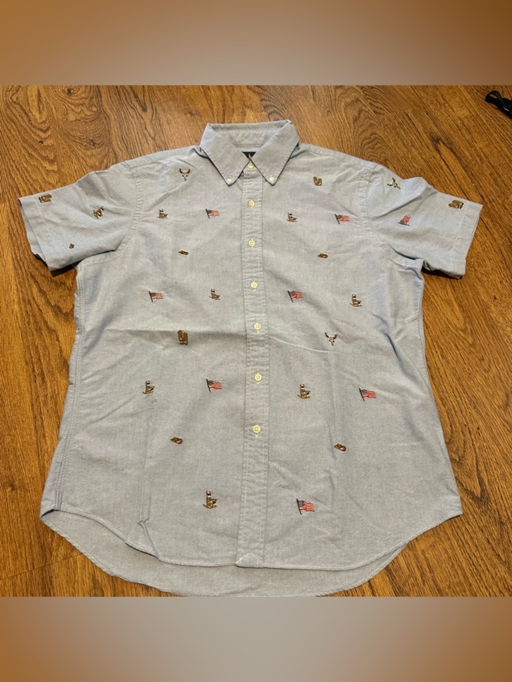 Ralph Lauren Light Blue Short-Sleeve Button-Down Embroidered Icons medium